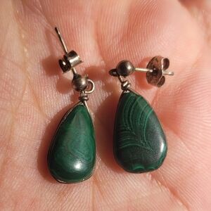 Vintage Artisan Malachite Sterling Silver Wire Wrapped Boho Dangle Stud Earrings